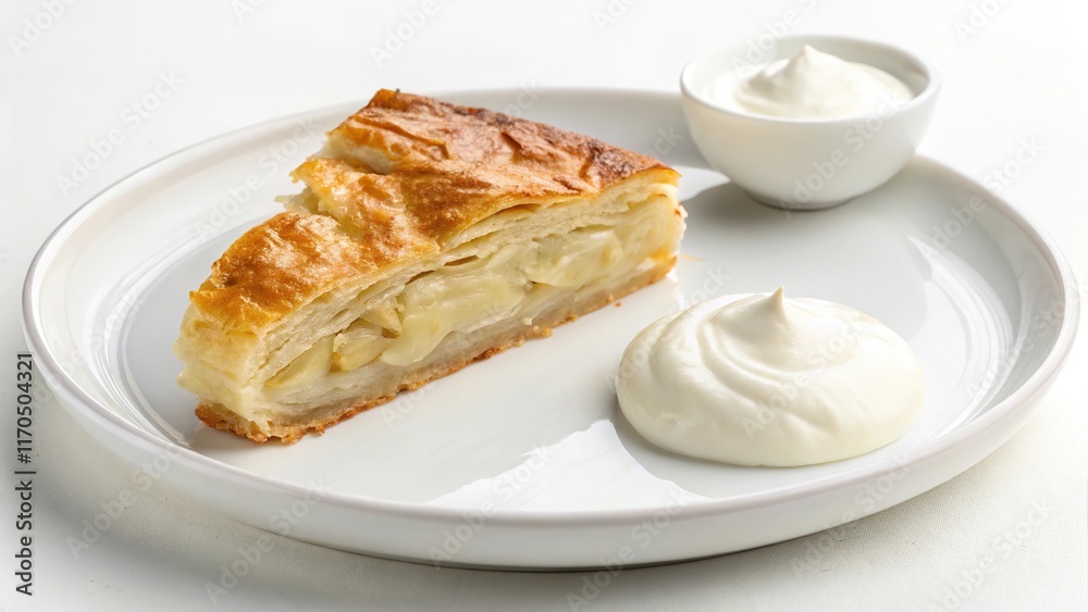 Delightful slice of banitsa adorned with creamy topping on a pristine white plate, showcasing culinary elegance and flavor richness Delightful slice of banitsa adorned with creamy topping on a pristine white plate, showcasing culinary elegance and flavor richness