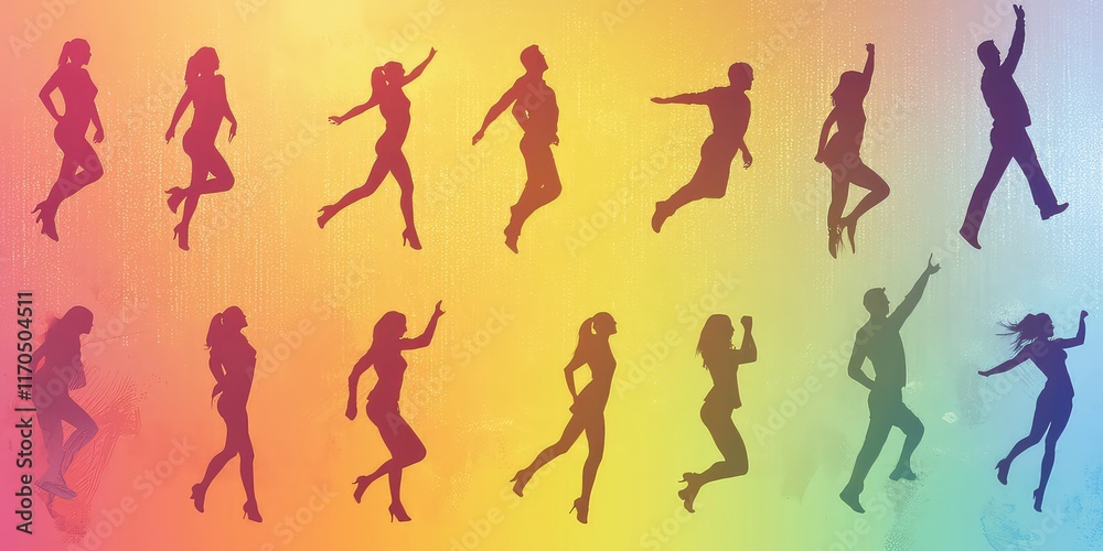 Abstract silhouettes of people in various dynamic poses on a gradient background. Abstract silhouettes of people in various dynamic poses on a gradient background.