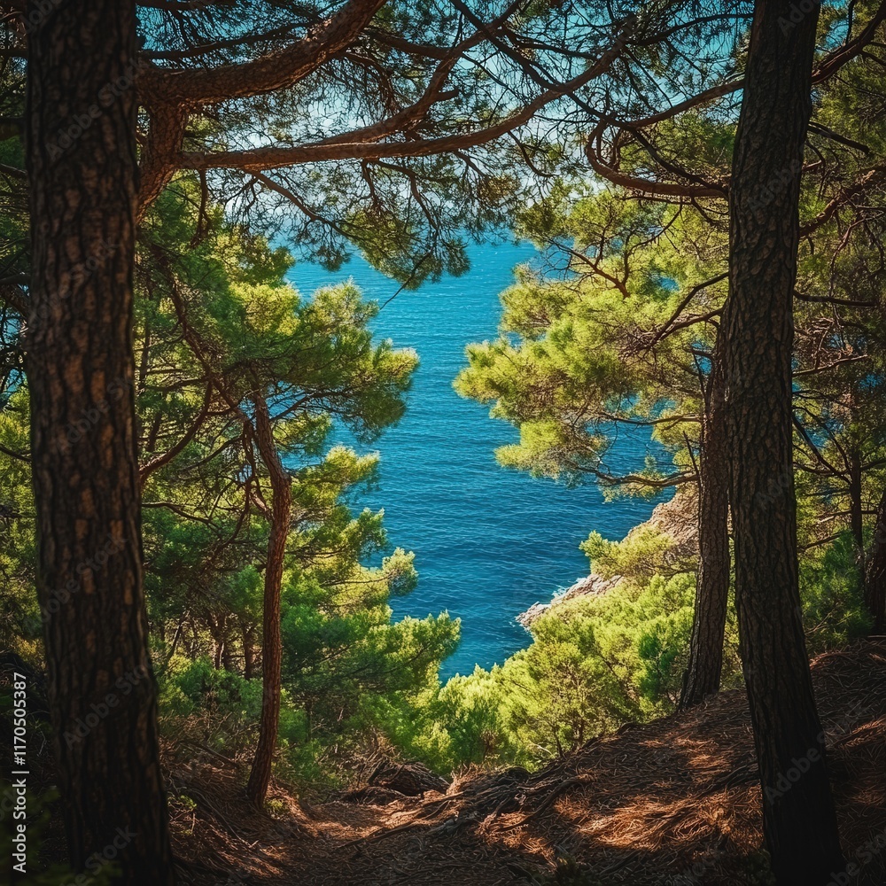 pine forest with the sea just beyond the trees. The bright green of the pine needles contrasts with the calm blue of the ocean pine forest with the sea just beyond the trees. The bright green of the pine needles contrasts with the calm blue of the ocean