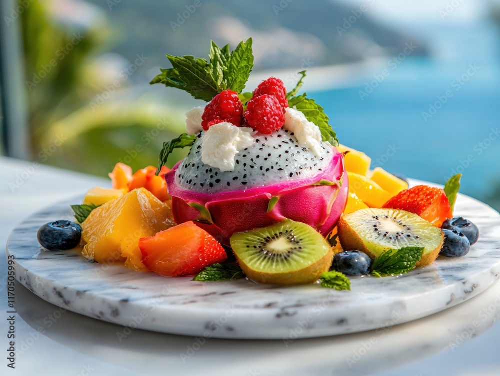 Vibrant Tropical Fruit Salad with Dragon Fruit, Whipped Cream and Fresh Berries by Seaside Vibrant Tropical Fruit Salad with Dragon Fruit, Whipped Cream and Fresh Berries by Seaside