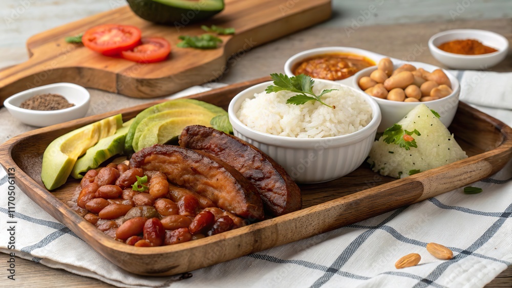 Indulging in the rich flavors of bandeja paisa on a rustic wooden board, surrounded by fresh ingredients and traditional sides Indulging in the rich flavors of bandeja paisa on a rustic wooden board, surrounded by fresh ingredients and traditional sides
