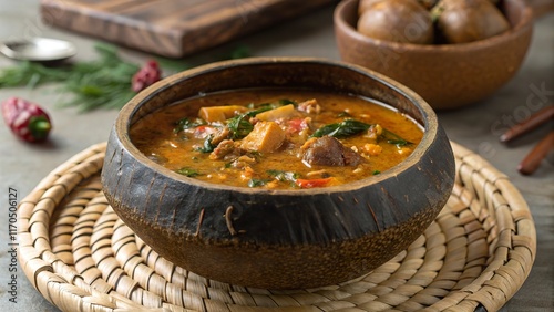 Delight in a traditional banga soup served in a handcrafted calabash bowl, showcasing rich flavors and texture photo