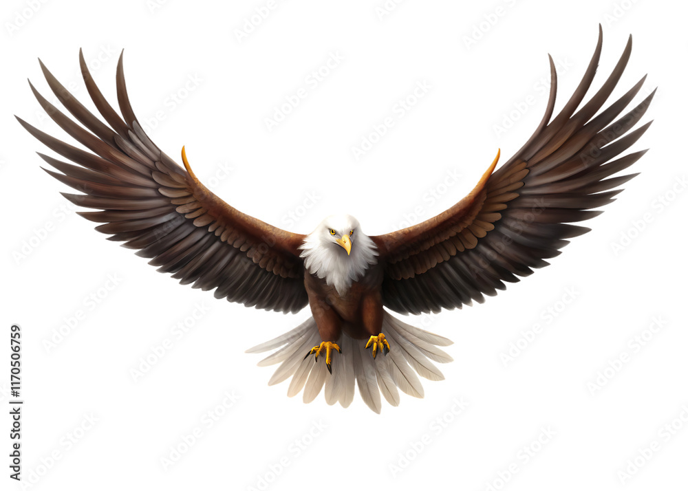 Obraz premium A spread-wing bald eagle soars in the sky. isolated on white background as transparent. PNG. AI GENERATED.