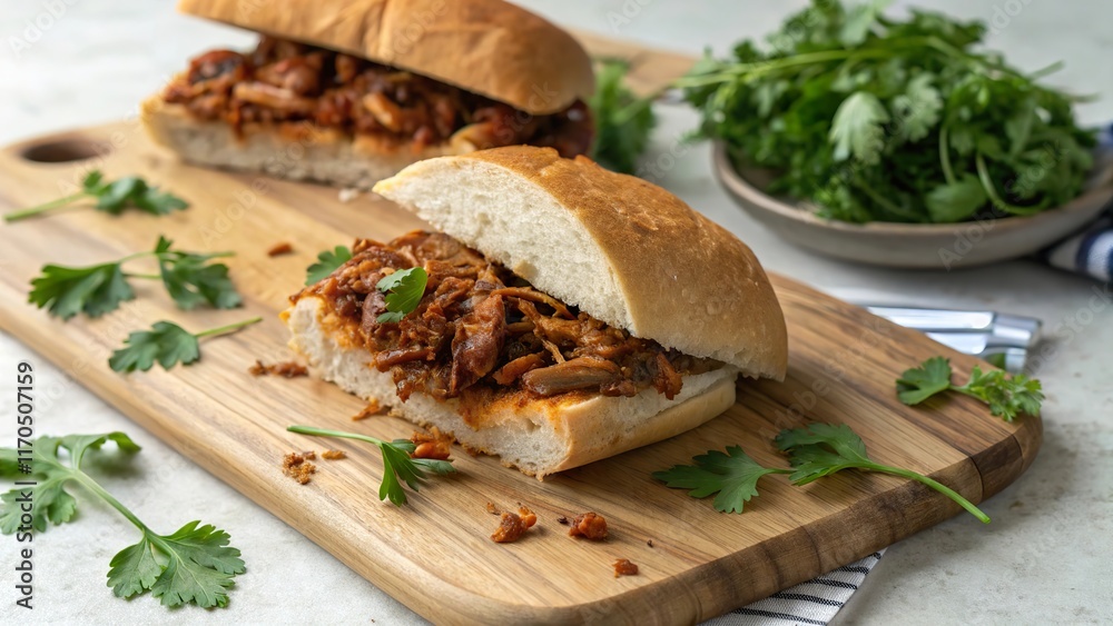 Deliciously crafted BBQ jackfruit sandwich ready to tantalize taste buds on a rustic wooden board Deliciously crafted BBQ jackfruit sandwich ready to tantalize taste buds on a rustic wooden board