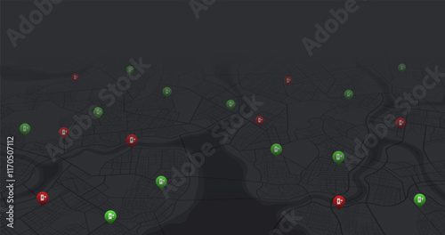 Location EV charging station location mark on gps navigation map. POI fast supercharger station. Path turns and destination tag or mark. Huge city top view. Tracking path, route. vector isometric