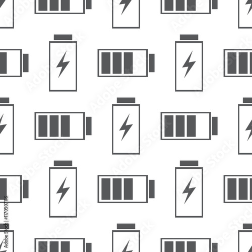Battery indicator icons seamless pattern. Battery symbols with medium energy level and low charge isolated on white background. Texture, wallpaper template