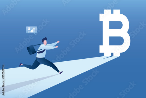 Motivated man running and found profit from crypto currency. Ambitious businessman sees illuminated bitcoin door. Blockchain technologies, earnings on the growth of crypto assets.