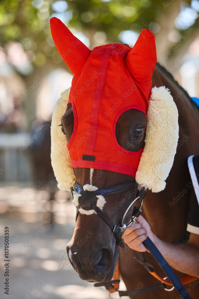 Race horse head detail. Purebred in the hippodrome. Turf