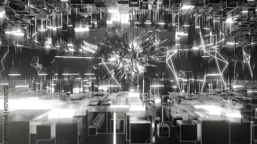 A geometric luminous sphere surrounded by platforms and lights in an abstract technological environment. Video loop seamless synchronized at 120 bmp
