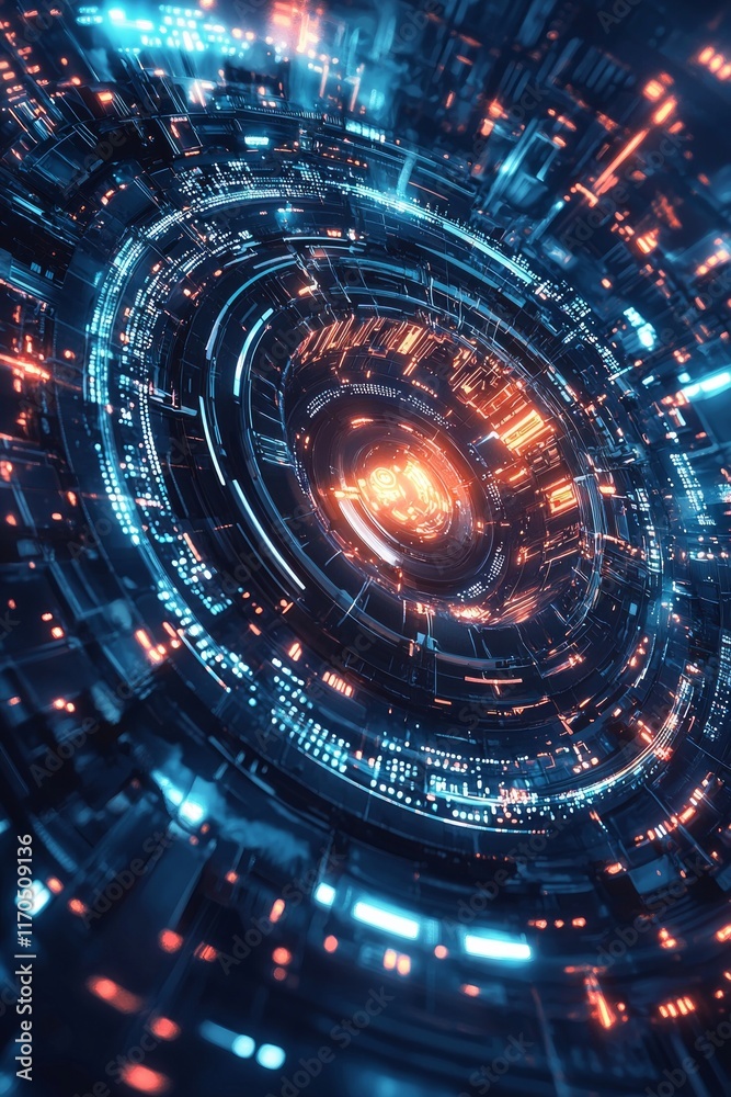 Fototapeta premium A cyberpunk, abstract, futuristic circular sci-fi design with glowing elements and data points. 