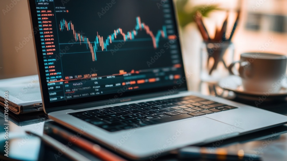 Professional workspace layout featuring a laptop displaying stock market data in a well-lit modern office environment Professional workspace layout featuring a laptop displaying stock market data in a well-lit modern office environment