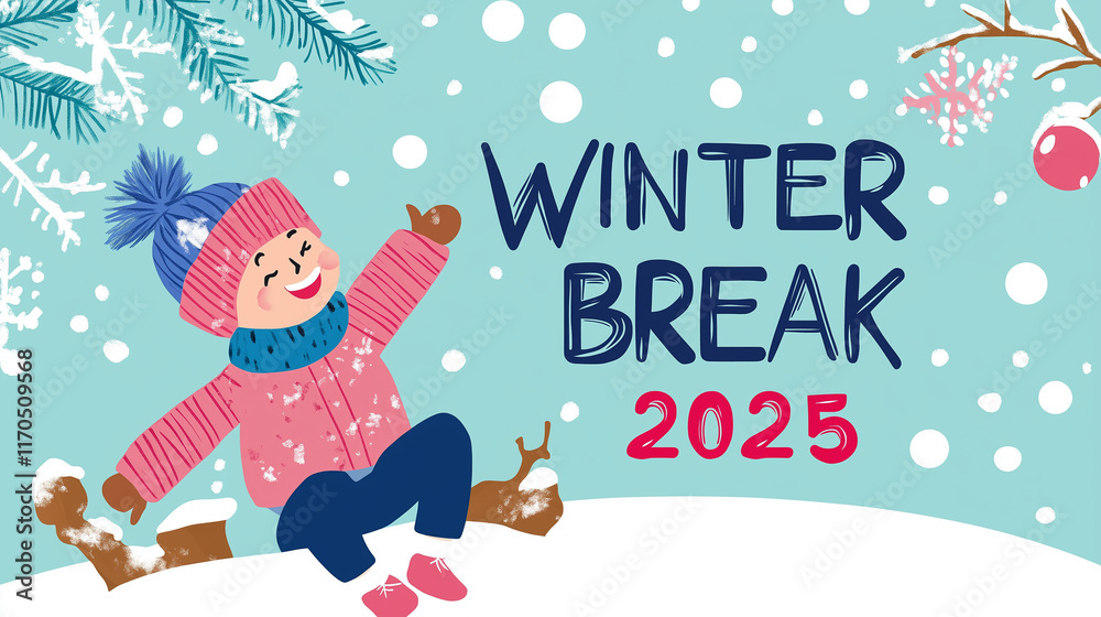 Winter Break 2025 illustration with a happy child playing in snow surrounded by snowflakes and branches. Winter Break 2025 illustration with a happy child playing in snow surrounded by snowflakes and branches.
