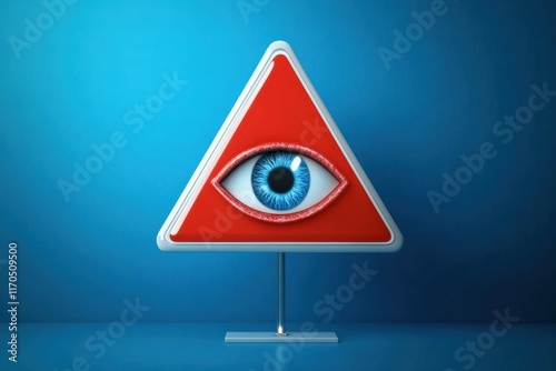 A striking triangular warning sign featuring an eye symbol, representing vigilance and awareness against risks. photo