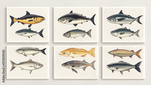 Fish posters set for seafood or fish food market. Vector brochure template design of sea fishing or fisherman big catch of tuna, eel or flounder and salmon, pike or mackerel and herring or carp