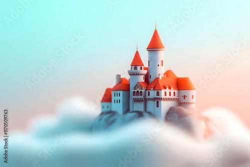 Goal of life, happiness and dreams concept: Fantasy castle floating among clouds, representing childhood dreams.