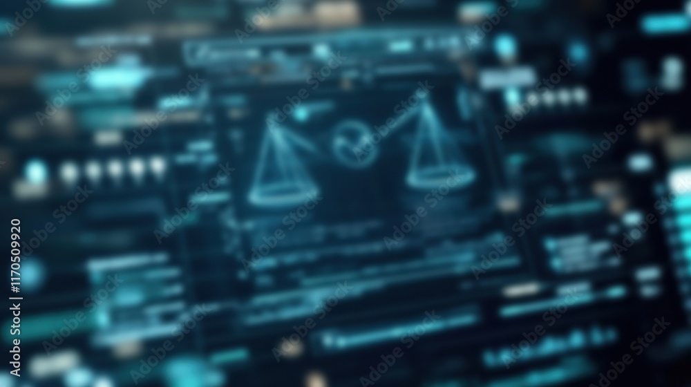 Futuristic digital interface displaying balance scales and legal concepts with blurred technology background.
