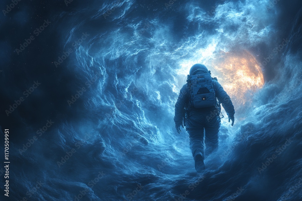 Fototapeta premium An astronaut floating in the vastness of space, with Earth glowing in the background. Generative AI