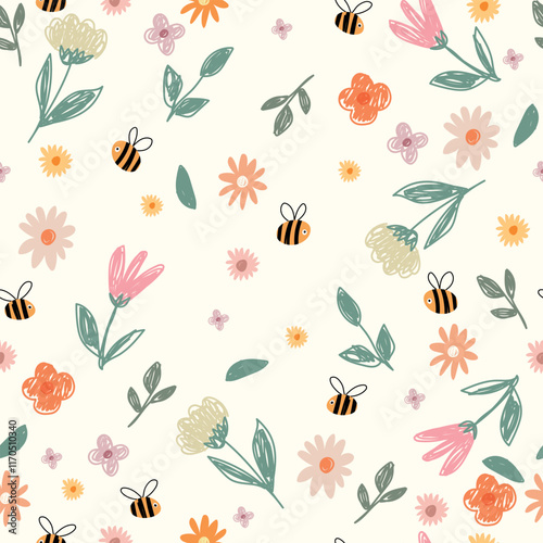 Seamless pattern with flowers and bees. Hand drawn kids illustration.