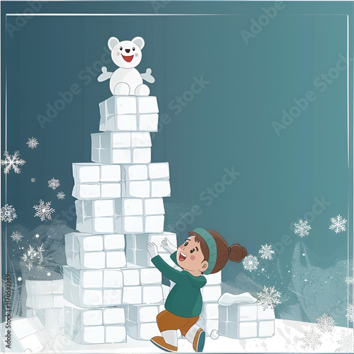 Happy child building an ice block tower with a smiling snowbear on top photo