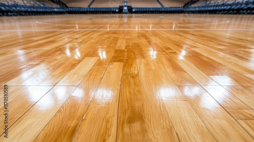 Wooden basketball court floor from a low perspective.