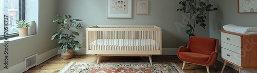 Scandinavian-Inspired Nursery with Natural Wood Cribs, Pastel Wall Art, and Soft Textured Rugs