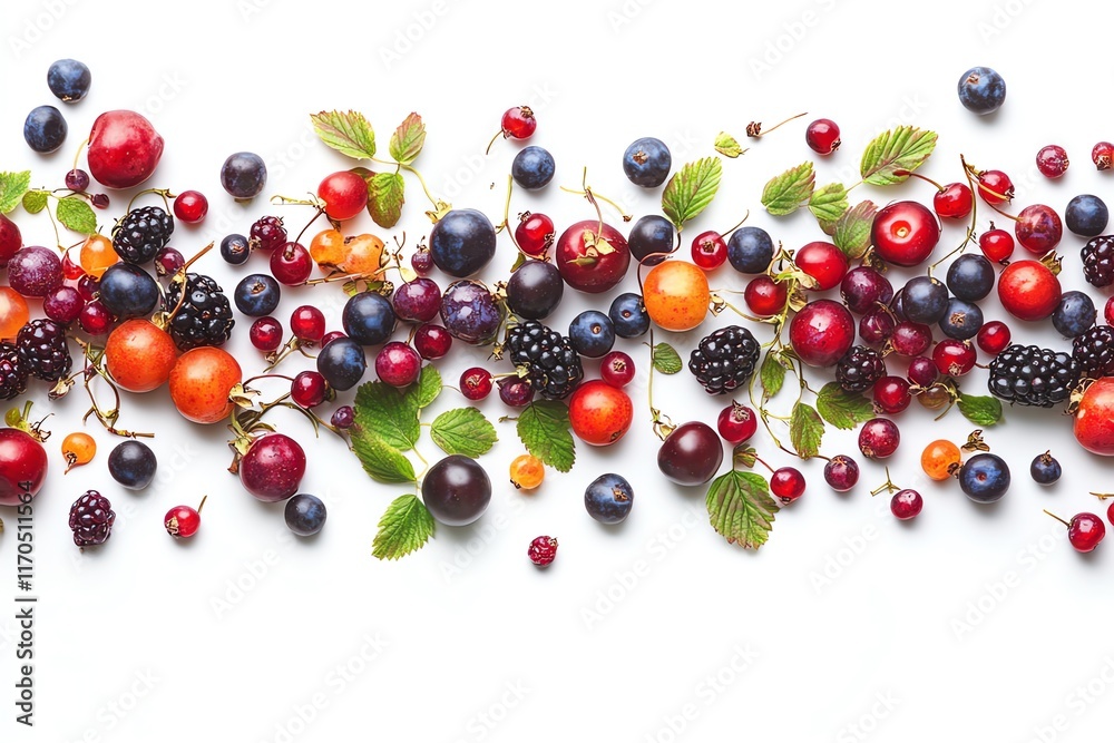 Assortment of fresh berries and plums scattered in a horizontal row on a white background. Assortment of fresh berries and plums scattered in a horizontal row on a white background.