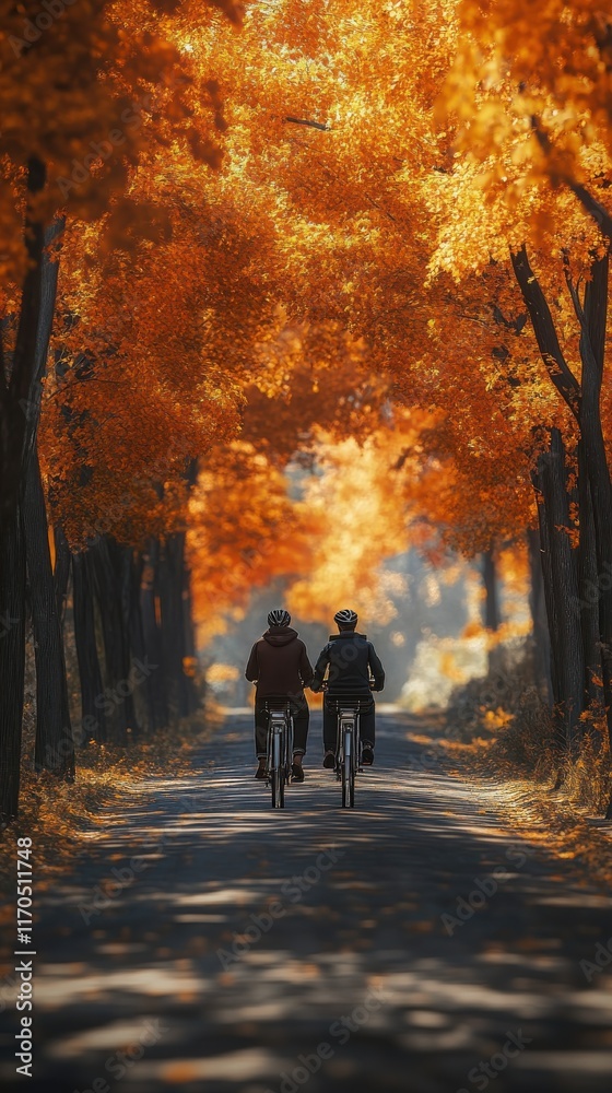Couple biking hand in hand through a colorful autumn forest trail during a sunny day Couple biking hand in hand through a colorful autumn forest trail during a sunny day