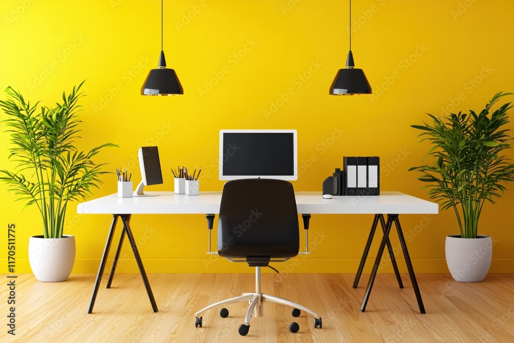 Modern Office Workspace with Yellow Wall and Potted Plants Featuring Stylish Desk and Chair Modern Office Workspace with Yellow Wall and Potted Plants Featuring Stylish Desk and Chair