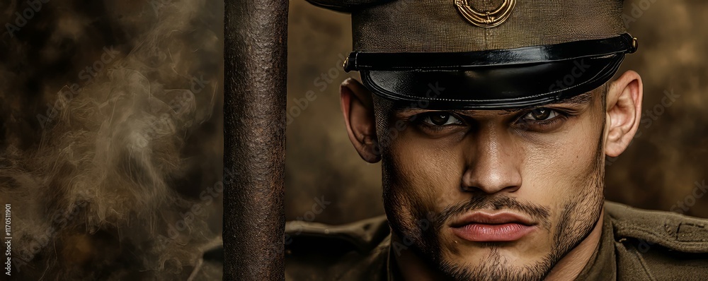 Fototapeta premium Imposing Military Figure in Full Uniform and Hat Exuding Authority and Strength Against a Neutral Background Setting