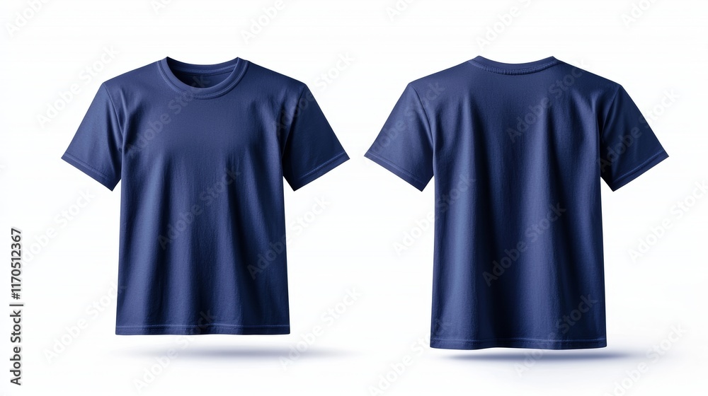 Navy blue T-shirt mockup front and back angles, white background with clean shadows, showcasing realistic cotton fabric texture, simple and professional Navy blue T-shirt mockup front and back angles, white background with clean shadows, showcasing realistic cotton fabric texture, simple and professional
