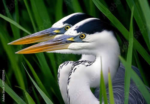 Graceful Bird with Long Beak Standing Among Lush Tall Grass in a Tranquil Natural Habitat Evoking Peace and Harmony photo