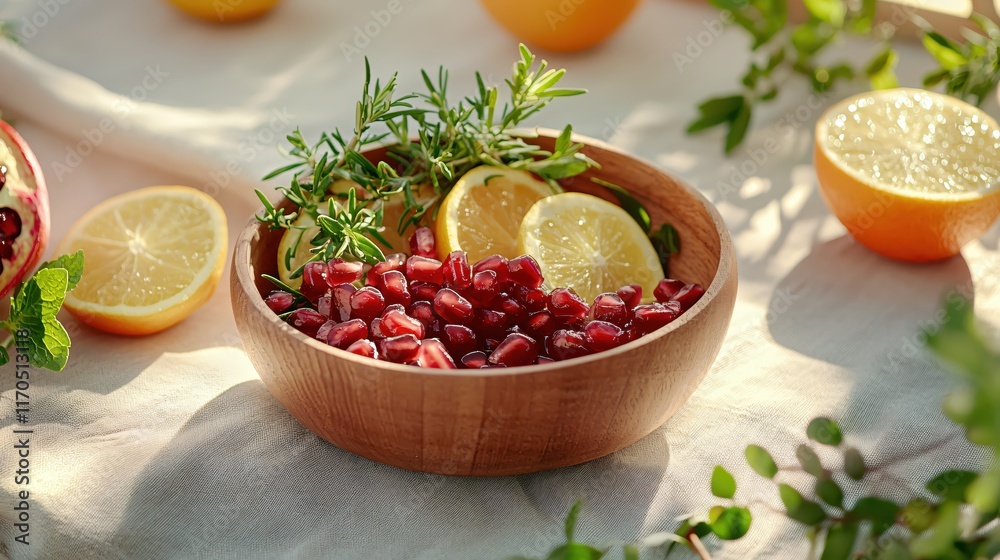 Fresh Pomegranate Seeds and Citrus Fruits Displayed in Natural Setting on Soft Fabric Background Fresh Pomegranate Seeds and Citrus Fruits Displayed in Natural Setting on Soft Fabric Background