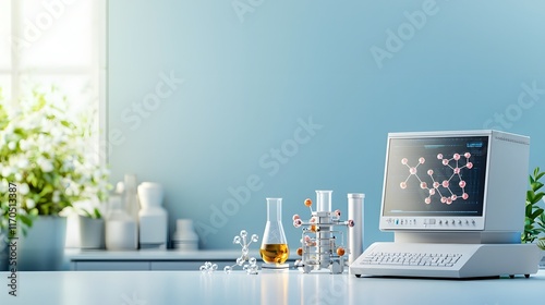 Quantum computer connected to spectroscopic equipment analyzing molecular structures leaving copy space on the left  Advanced scientific technology photo