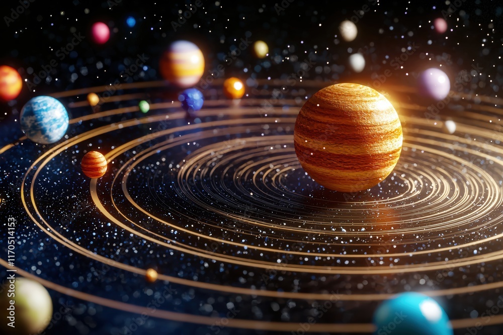 Obraz premium Stunning Cosmic Space Scene with Vibrant Planets and Twinkling Stars in Expanding Universe