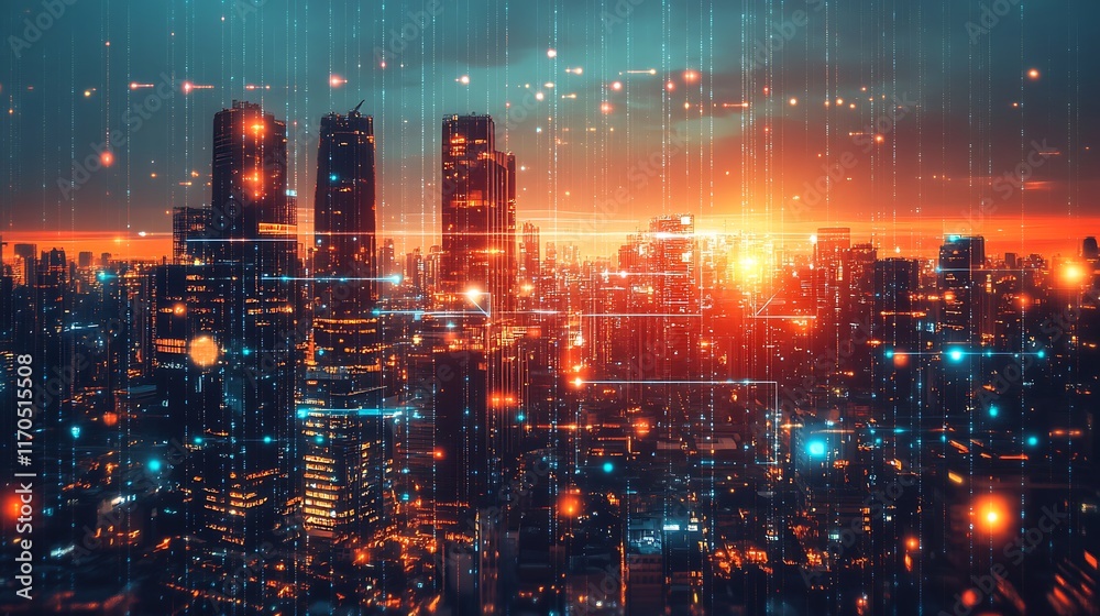 Futuristic cityscape at sunset with digital data streams. Futuristic cityscape at sunset with digital data streams.