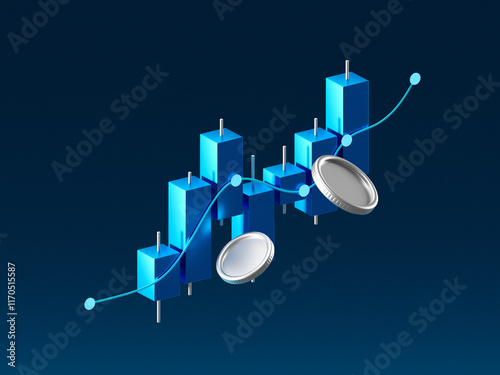 Stock trading finance investment on 3d graph background with growth money digital technology banking trade profit. Business exchange financial market success strategy analysis diagram chart asset. photo