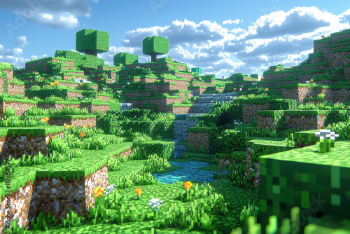 Idyllic blocky landscape with hills, waterfall, and flowers.