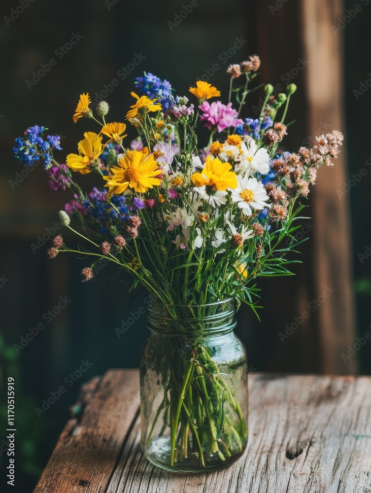 custom made wallpaper toronto digitalWildflower bouquet in a glass jar on a rustic wooden table in a cozy indoor setting
