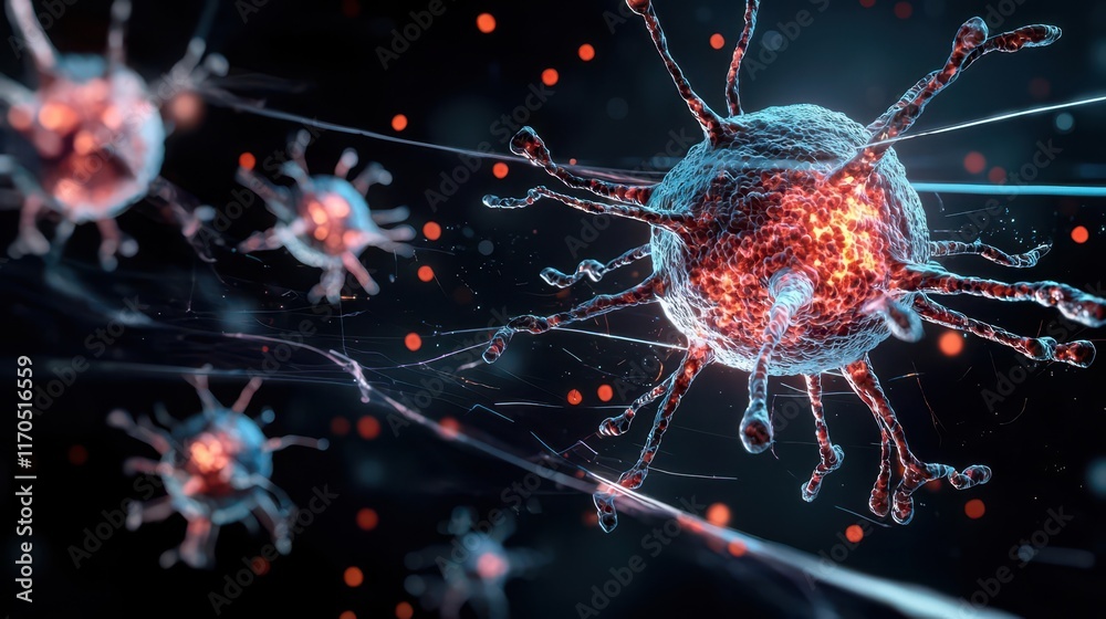 Close-up 3D illustration of cells infected with illness, detailed microbiology, medical focus, organism environment, soft lighting, intricate cellular view, microscope perspective