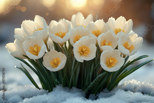 Close-up white tulips with yellow centers emerge through a layer of snow, illuminated by the soft dawn light in an enchanting early spring setting.St. Brigid's Day, a vibrant banner for Imbolc. 