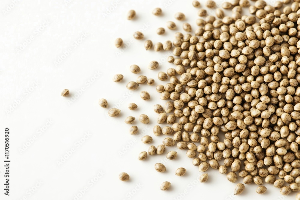 Close-up of scattered coriander seeds on a white background, showcasing their texture and natural color. Close-up of scattered coriander seeds on a white background, showcasing their texture and natural color.