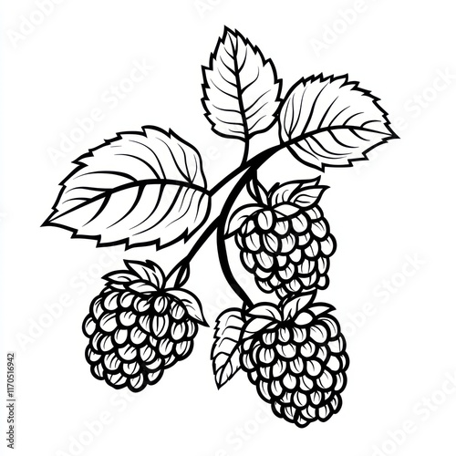 Black and white illustration of raspberries on a branch, leaves, white background, food design