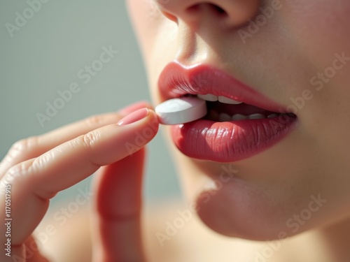  Close-up of Woman's Perfect Lips Taking  Medical Capsule, pill Healthcare and Daily Supplement Concept with Soft Focus Background