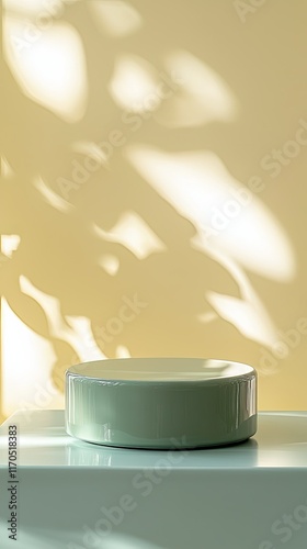 Pale green podium on white surface with sunlight shadows.