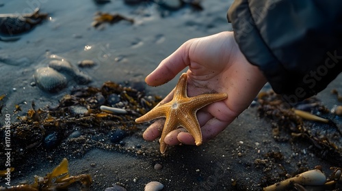 Fototapeta Naklejka Na Ścianę i Meble -  Child's hand holding a starfish on the beach