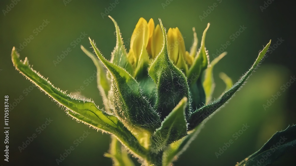 Close-up of an unopened sunflower bud in sunlight. Close-up of an unopened sunflower bud in sunlight.
