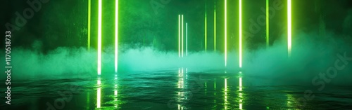 Vibrant green neon lights reflect on a tranquil surface in an enchanting atmosphere during a mysterious night