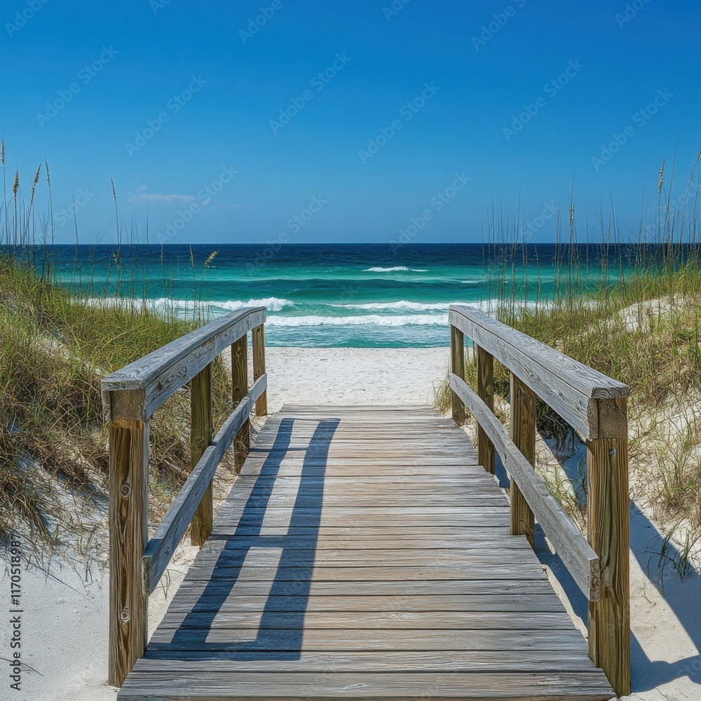 Obraz premium Tranquil Beach Walkway: Wooden Bridge Leading to Serene Ocean