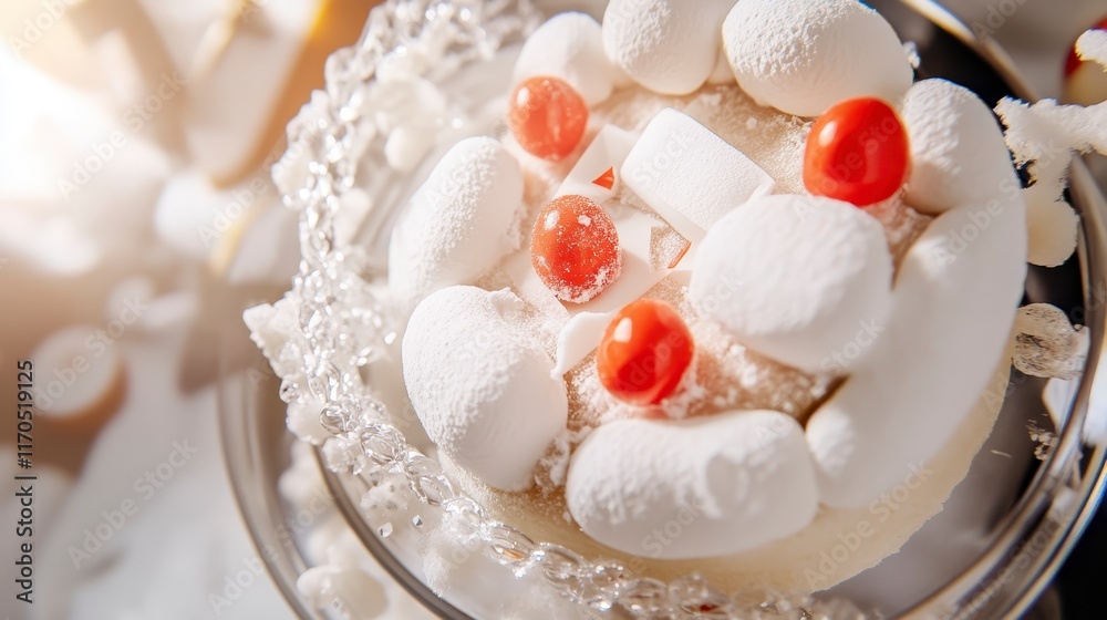 Elegant Dessert Platter with White Marshmallows Red Berries and Crystal Garnish Elegant Dessert Platter with White Marshmallows Red Berries and Crystal Garnish