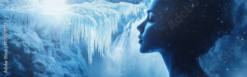 Surreal representation of a glowing woman in a mystical icy landscape at twilight